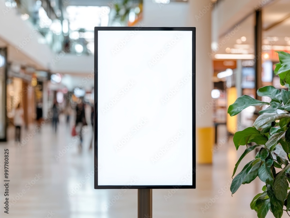 Blank advertising display in a shopping mall, with blurred shoppers in background. Blank advertising display in a shopping mall, with blurred shoppers in background.