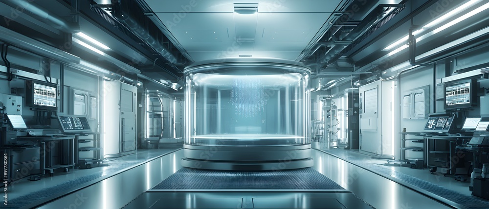 Fototapeta premium Stainless steel tank in a cutting-edge food processing facility, designed for maximum hygiene and efficiency, with meticulously arranged equipment in the background