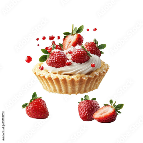 Strawberry tart flying, isolated on a white background, creating a playful and whimsical effect. cutout PNG