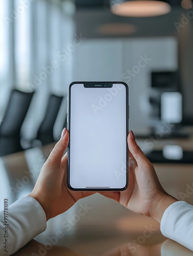 A businesswoman's hands holding a smartphone with a blank screen, placed on a glossy conference table. The setting includes a projector and chairs around, suggesting preparation for a presentation.