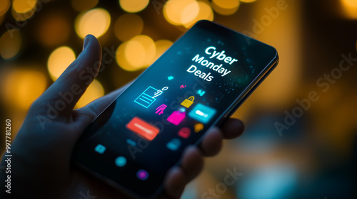 Wallpaper Mural Cyber Monday Deals on mobile phone, illuminated by festive lights in a digital shopping scene Torontodigital.ca