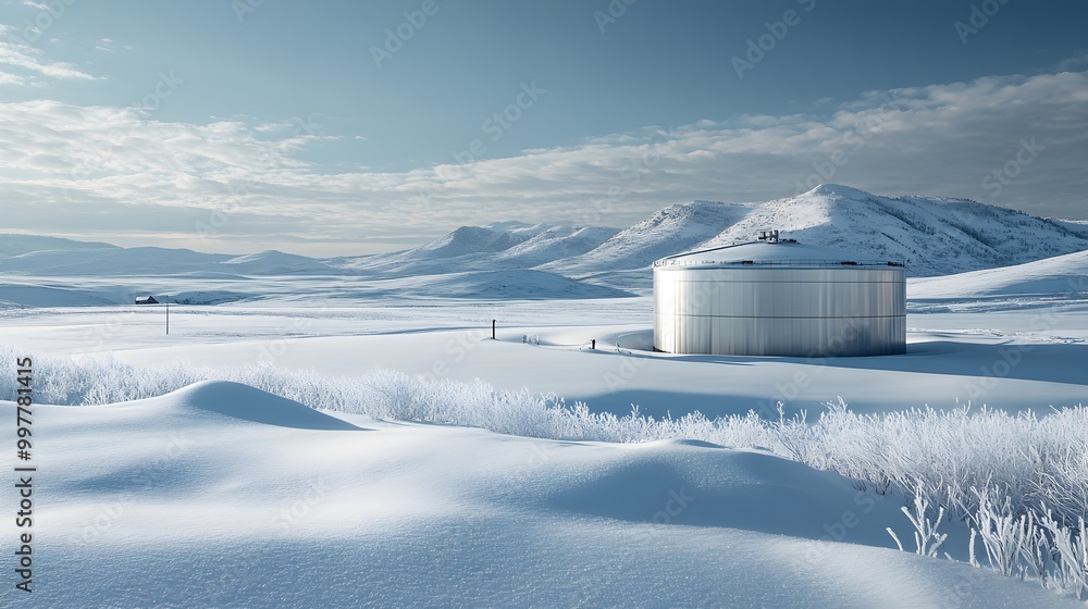 Stainless steel tank in an open snowy landscape, surrounded by untouched snow, frost formations emphasizing the coldness of the scene Stainless steel tank in an open snowy landscape, surrounded by untouched snow, frost formations emphasizing the coldness of the scene