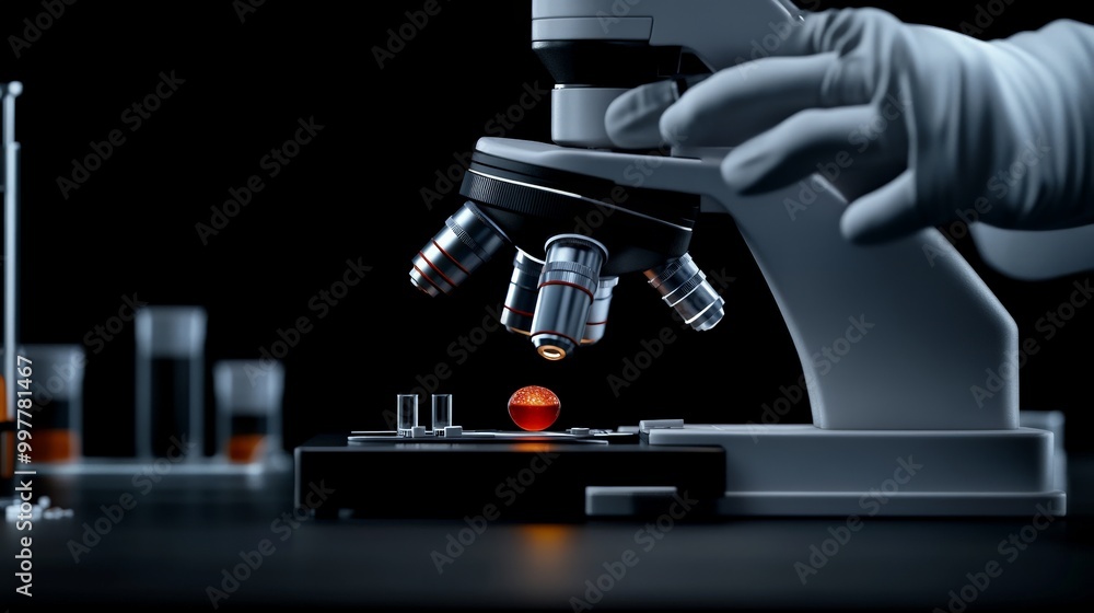 Microscopic Gemstone Analysis: A scientist's gloved hand carefully maneuvers a high-powered microscope over a vibrant gemstone, set against a sleek, dark laboratory backdrop. Microscopic Gemstone Analysis: A scientist's gloved hand carefully maneuvers a high-powered microscope over a vibrant gemstone, set against a sleek, dark laboratory backdrop.