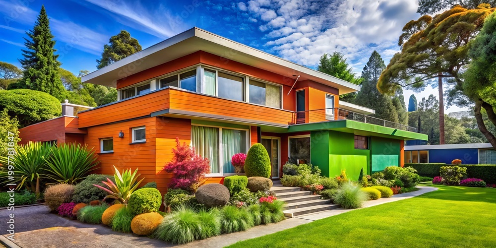 A charming 1970s home featuring retro architecture, a vibrant facade, and surrounded by lush greenery, embodying the