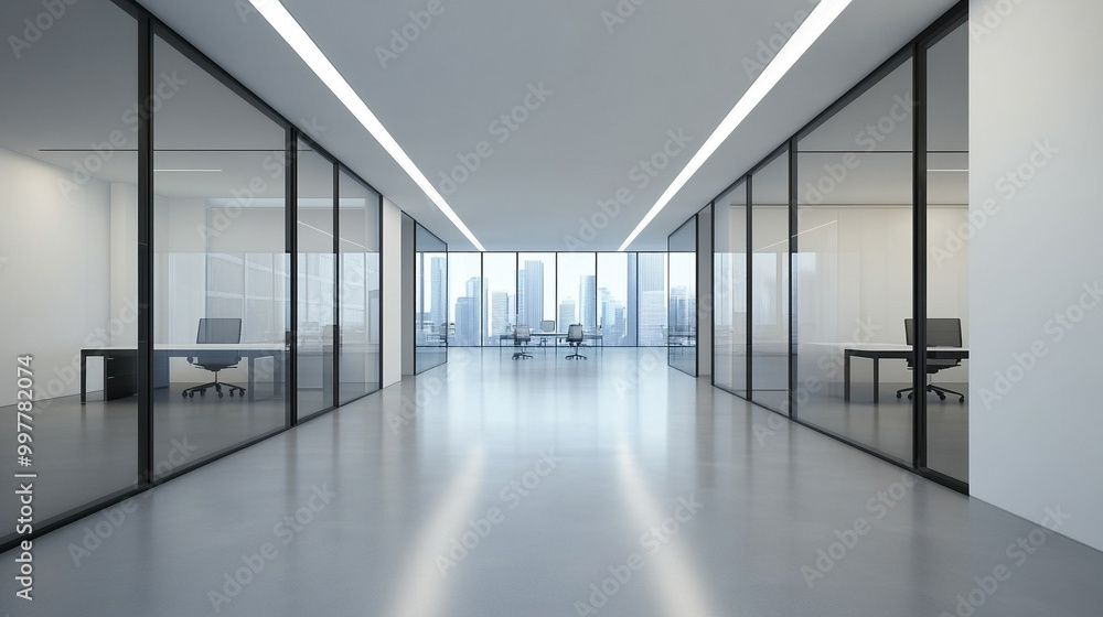 Modern office space with clean lines and minimalist design, featuring glass walls and natural light. The empty environment conveys openness, transparency, and potential for future growth Modern office space with clean lines and minimalist design, featuring glass walls and natural light. The empty environment conveys openness, transparency, and potential for future growth