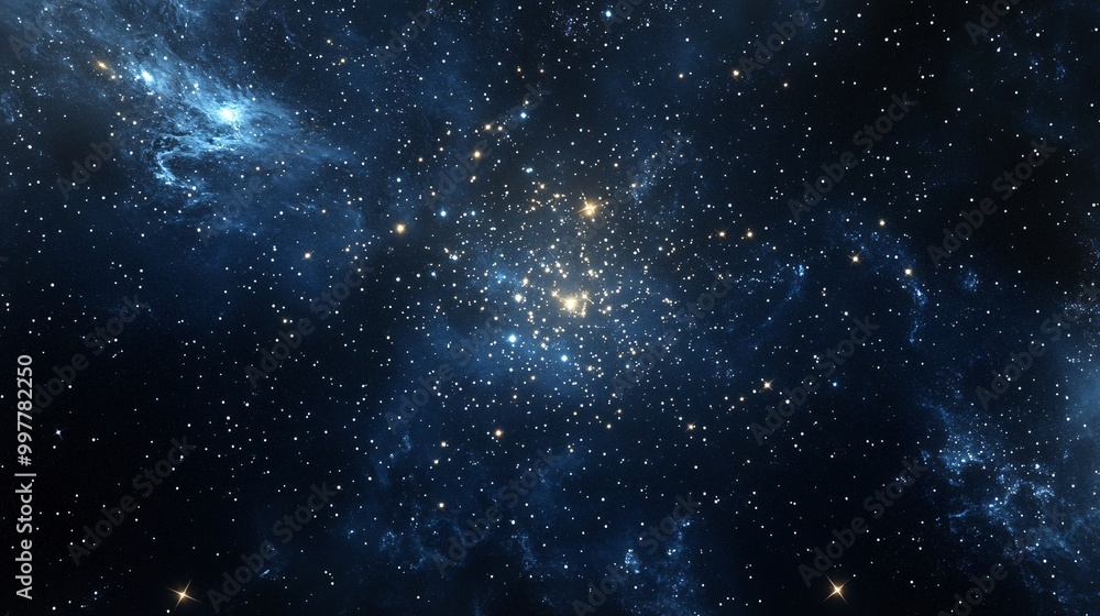 Fototapeta premium A deep blue night sky with a cluster of bright stars in the center and faint stars scattered across the background.