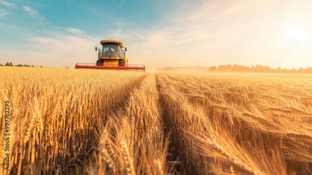 Golden wheat field stretching out under a vast clear sky with a large harvester working its way through the crops Golden wheat field stretching out under a vast clear sky with a large harvester working its way through the crops