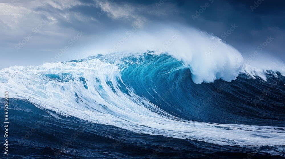 Majestic blue ocean wave rising high against a bright sky capturing the motion of water in an isolated and pristine moment Majestic blue ocean wave rising high against a bright sky capturing the motion of water in an isolated and pristine moment