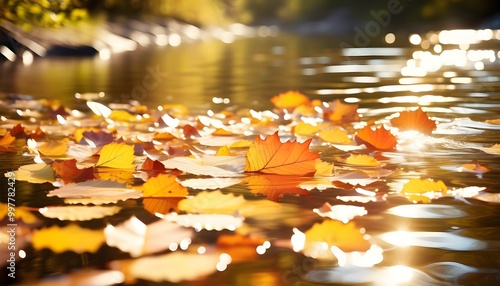 Serene autumn stream adorned with floating leaves in vibrant fall colors photo