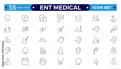 ENT Medical outline Icon, also includes ear, nose, throat, Headache, Runny Nose, Cough, Sore Throat, hearing kit, Hearing Report, Breathing, Thyroid. Ear Nose Throat Editable stroke outline icon.