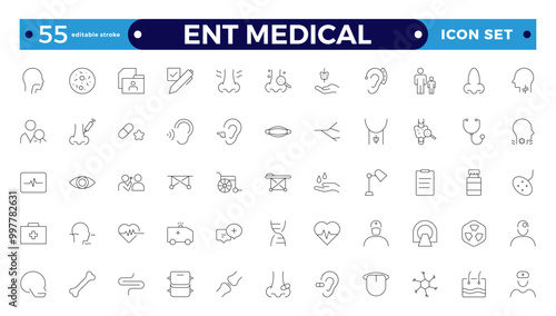 ENT Medical outline Icon, also includes ear, nose, throat, Headache, Runny Nose, Cough, Sore Throat, hearing kit, Hearing Report, Breathing, Thyroid. Ear Nose Throat Editable stroke outline icon.