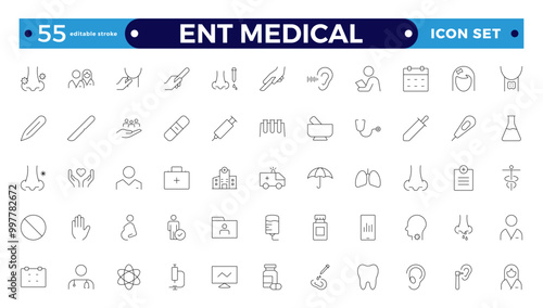 ENT Medical outline Icon, also includes ear, nose, throat, Headache, Runny Nose, Cough, Sore Throat, hearing kit, Hearing Report, Breathing, Thyroid. Ear Nose Throat Editable stroke outline icon.