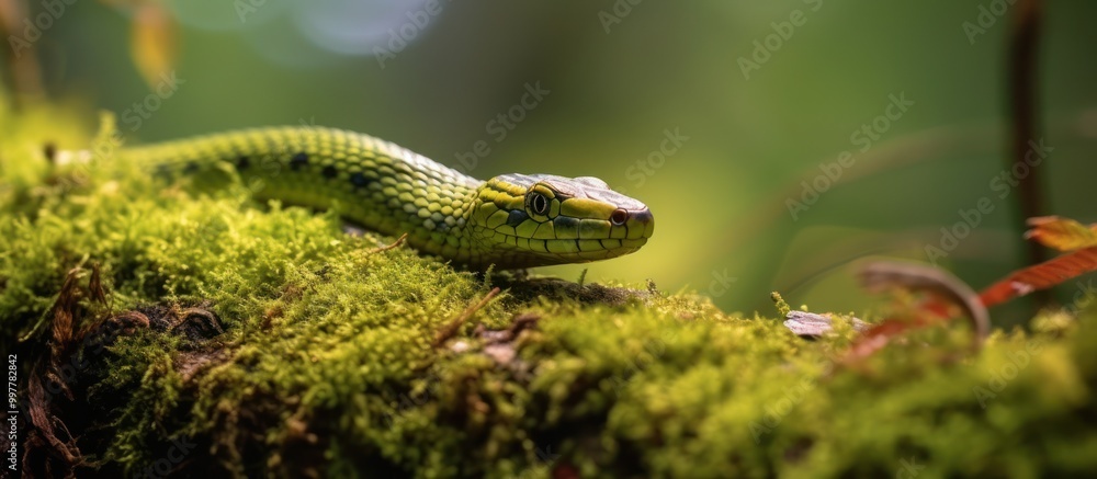 Green Snake on Mossy Branch in Tropical Forest Green Snake on Mossy Branch in Tropical Forest