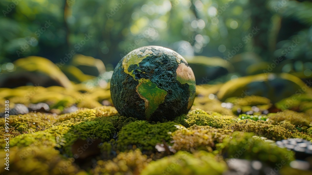 Sustainable Earth: Green Globe on Moss in Forest - Ecology & Environment in Europe, Africa, Arabia for a New Year Sustainable Earth: Green Globe on Moss in Forest - Ecology & Environment in Europe, Africa, Arabia for a New Year