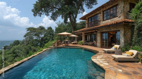 Luxurious villa with a pool overlooking a scenic landscape.