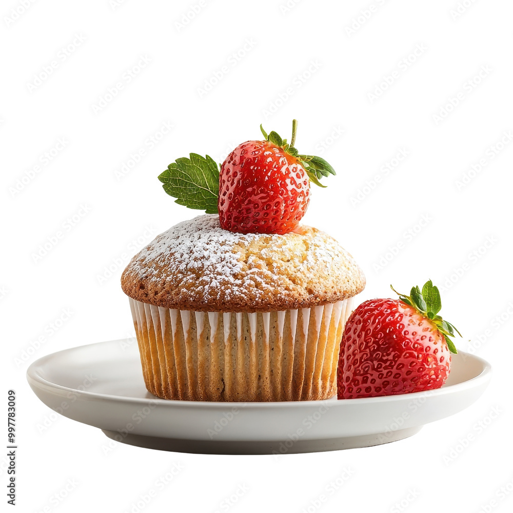 Strawberry muffin cake presented on a plate, isolated on a white background, highlighting its classic and elegant dessert presentation. cutout PNG Strawberry muffin cake presented on a plate, isolated on a white background, highlighting its classic and elegant dessert presentation. cutout PNG
