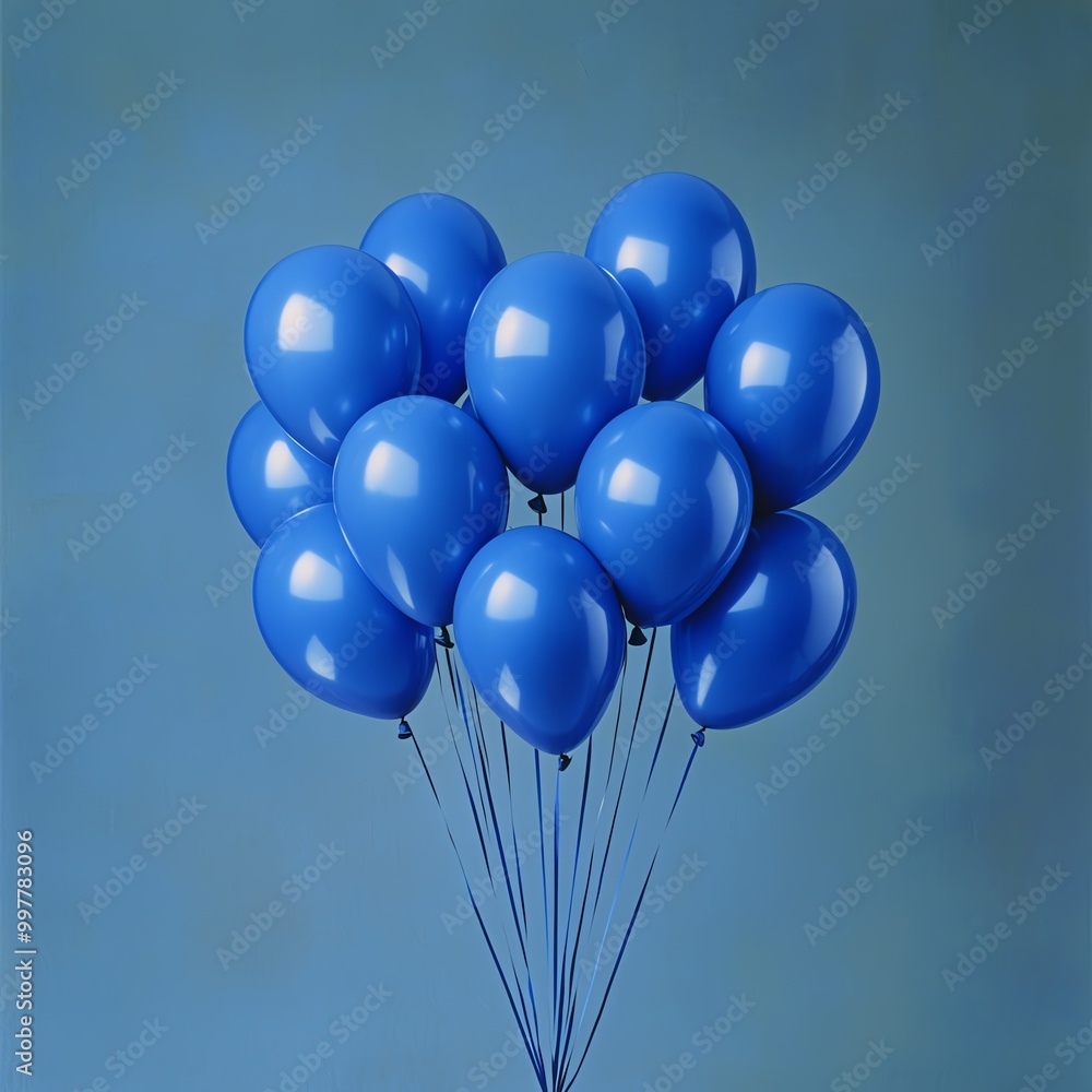 A cluster of vibrant blue balloons floating against a soft background. A cluster of vibrant blue balloons floating against a soft background.