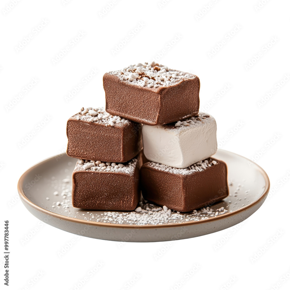 Chocolate marshmallows served on a plate, isolated on a white background, emphasizing their classic and appealing presentation. cutout PNG Chocolate marshmallows served on a plate, isolated on a white background, emphasizing their classic and appealing presentation. cutout PNG