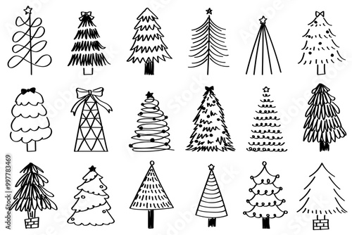 シンプルおしゃれな手書き線画のクリスマスツリーイラストセット