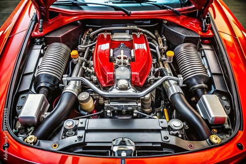 A close-up of a sports car's engine bay highlights premium components and advanced design features, emphasizing