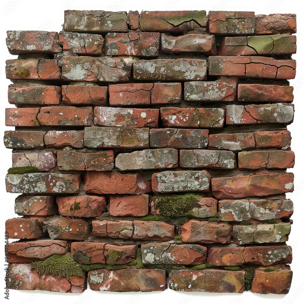 Isolated section of weathered red bricks stacked unevenly, with patches of moss and dirt, against a clean white background, showcasing a rustic, aged appearance perfect for architectural designs
Isolated section of weathered red bricks stacked unevenly, with patches of moss and dirt, against a clean white background, showcasing a rustic, aged appearance perfect for architectural designs