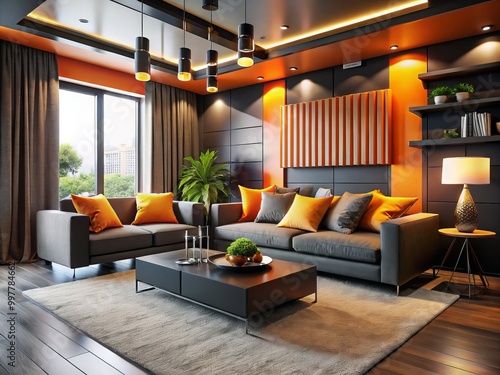 A contemporary living room infused with bold black and orange accents, creating a stylish and energetic ambiance that