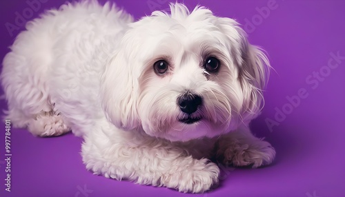 Charming white dog lounging peacefully on vibrant purple backdrop