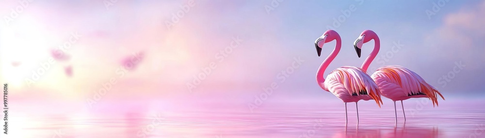 Fototapeta premium Flamingos standing in a pink lake