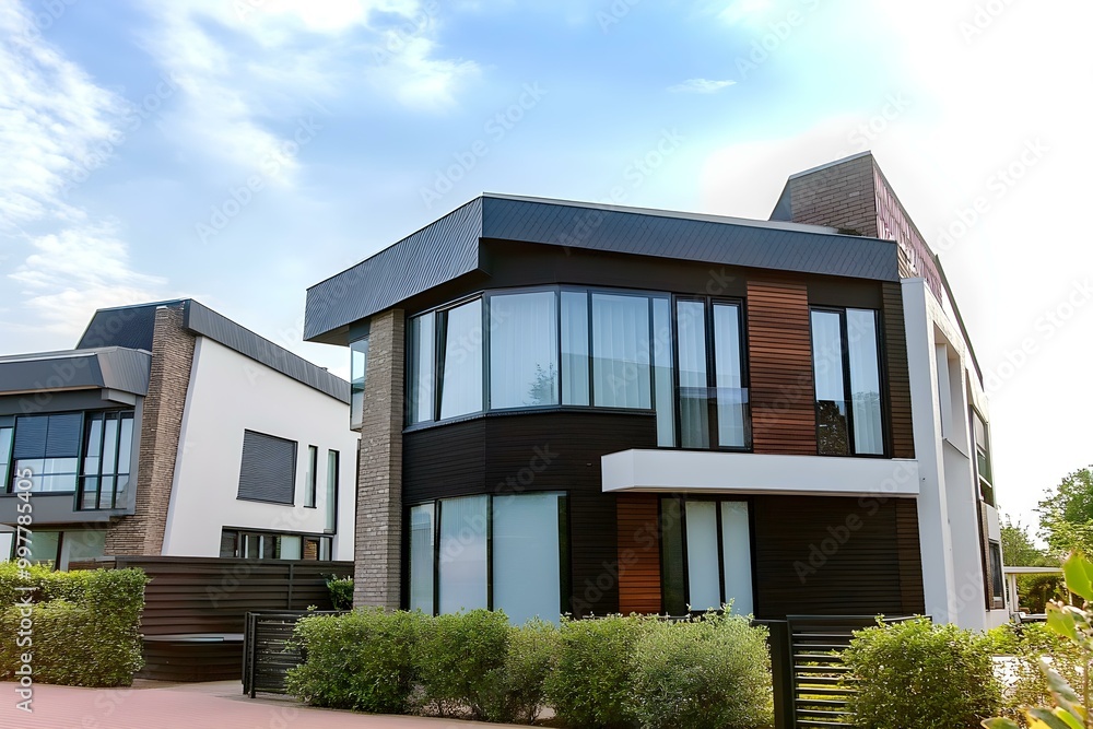 Modern suburban house on a sunny day with clear skies Modern suburban house on a sunny day with clear skies