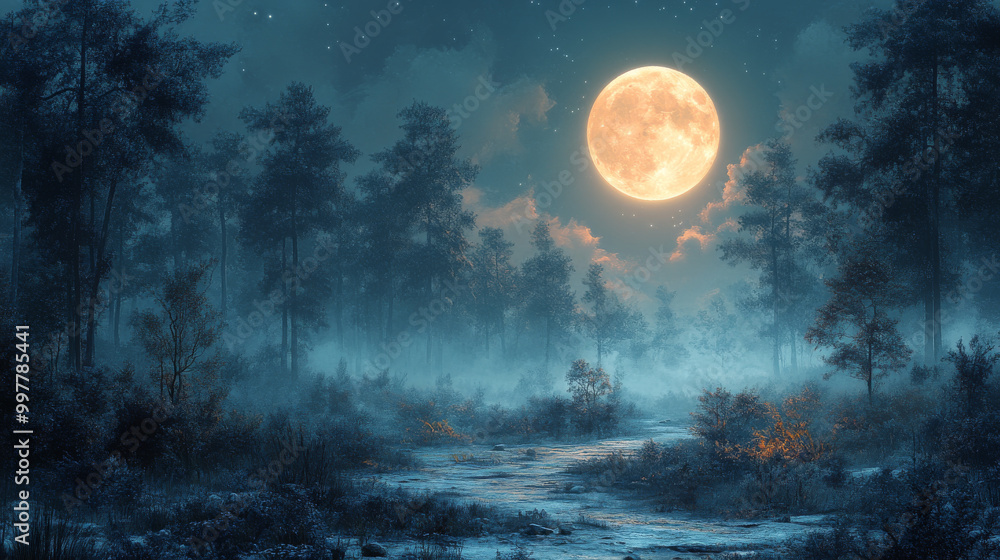 Full moon shines over a misty forest. Full moon shines over a misty forest.