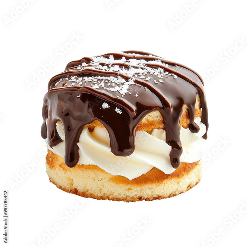 Oozing chocolate sauce on shortcake, isolated on a white background, emphasizing the gooey and rich texture. cutout PNG photo