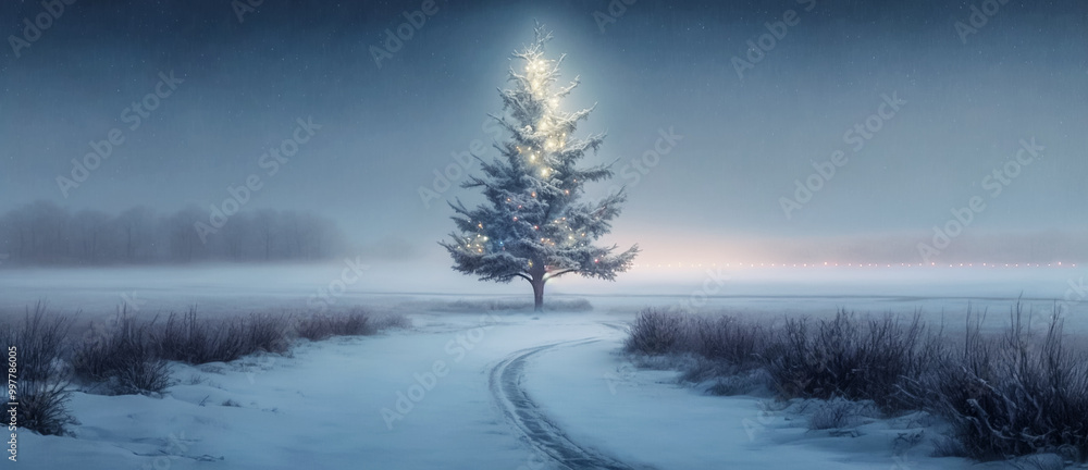 Illuminated snow-covered landscape of winter forest with fir trees. Panoramic landscape. Generative AI Illuminated snow-covered landscape of winter forest with fir trees. Panoramic landscape. Generative AI