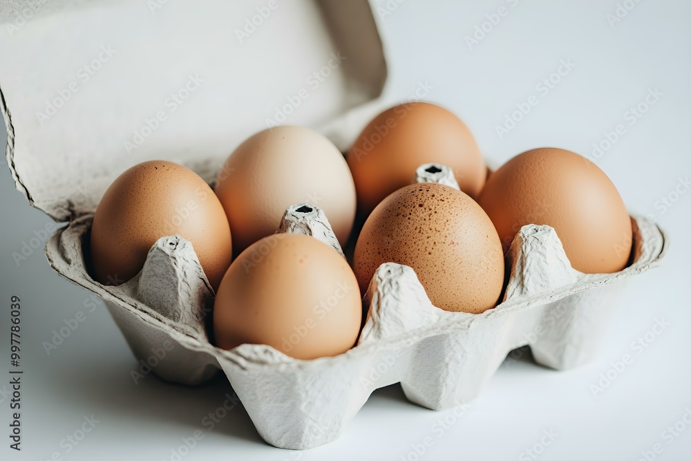 Fresh brown eggs in a cardboard carton on white background Fresh brown eggs in a cardboard carton on white background