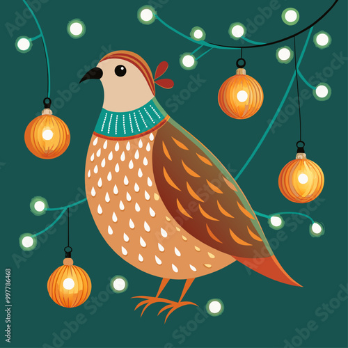 Christmas Quail: A festive and whimsical illustration of a cute quail perched on a branch adorned with Christmas lights and ornaments. Perfect for holiday greetings, social media, and festive decor. 