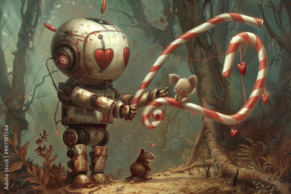 Robot and Mouse Friends with Candy Cane