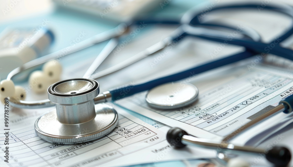Stethoscope on Medical Form with Blue Background Stethoscope on Medical Form with Blue Background