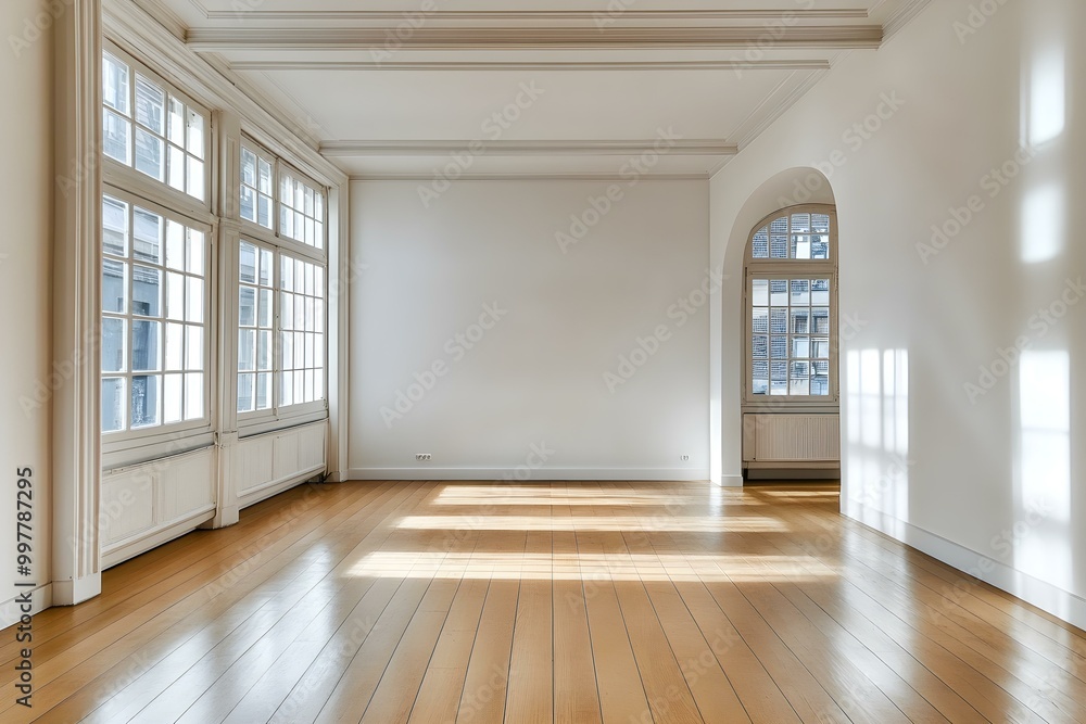 Fototapeta premium Bright and empty room with wooden floor and white walls