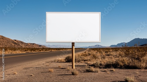 Blank billboard in desert landscape with blue sky and mountains in background. photo