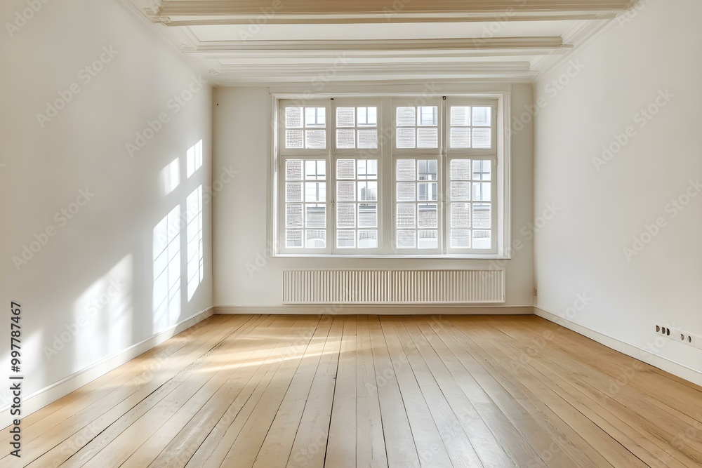 Obraz premium Bright and empty room with wooden floor and white walls
