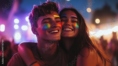 Embracing Love: Young LGBT Couple Hugging at Outdoor Concert with Rainbow Face Paint