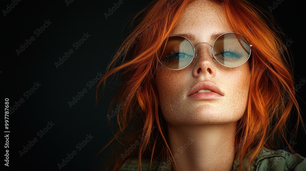 Close-up side portrait of young woman with red hair in sunglasses and army jacket, fashion photography with detailed skin texture, dark background, banner design with text space
Close-up side portrait of young woman with red hair in sunglasses and army jacket, fashion photography with detailed skin texture, dark background, banner design with text space