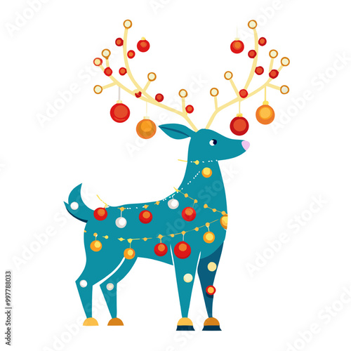 Reindeer Christmas Tree: A festive and playful illustration of a reindeer adorned with Christmas lights and ornaments, perfect for holiday cards, decorations, and social media posts.