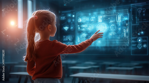 AI-Powered Learning: Girl Using Holographic Screen in Smart Classroom