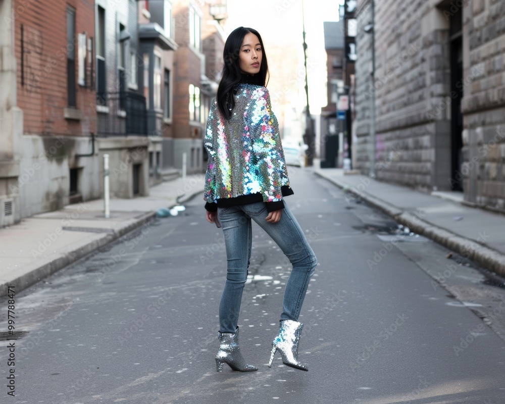 Young Woman in Sequin Jacket on Urban Street in Daylight, Stylish Casual-Festive Look Young Woman in Sequin Jacket on Urban Street in Daylight, Stylish Casual-Festive Look