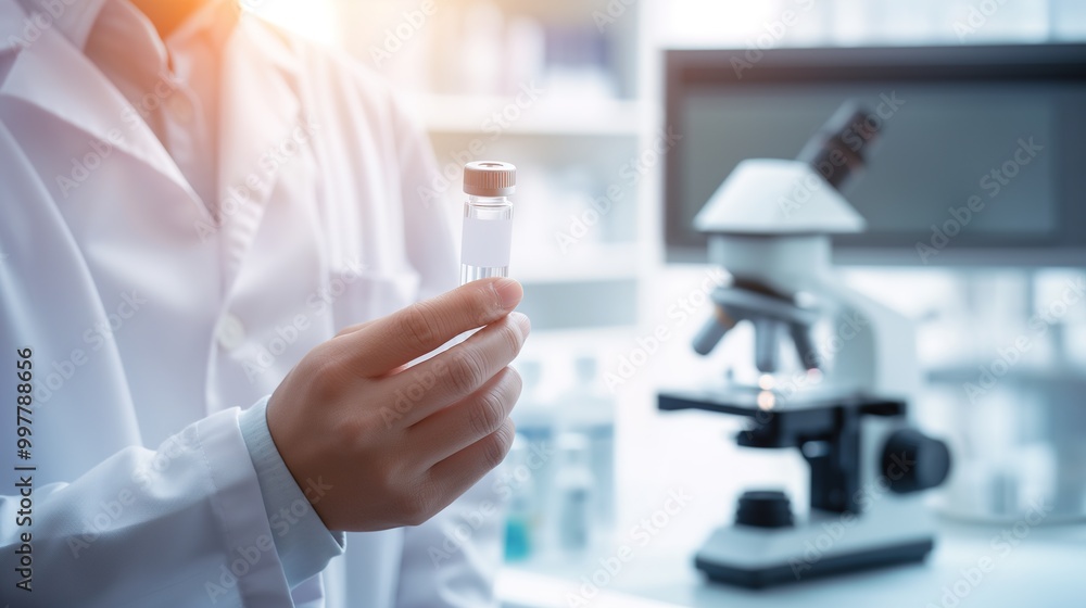 Scientist in lab coat holding vial of experimental drug, with microscope and scientific equipment, symbolizing drug trials and medical research process. Scientist in lab coat holding vial of experimental drug, with microscope and scientific equipment, symbolizing drug trials and medical research process.