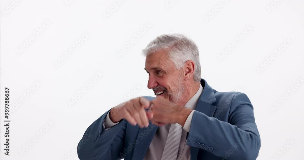 Business, mature man and dancing in studio with energy, happy and celebration for company success. Professional, dancer and excited CEO with pride, achievement and sales profit on white background Business, mature man and dancing in studio with energy, happy and celebration for company success. Professional, dancer and excited CEO with pride, achievement and sales profit on white background