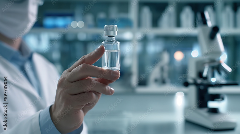 Scientist in lab coat holding vial of experimental drug, with microscope and scientific equipment, symbolizing drug trials and medical research process. Scientist in lab coat holding vial of experimental drug, with microscope and scientific equipment, symbolizing drug trials and medical research process.