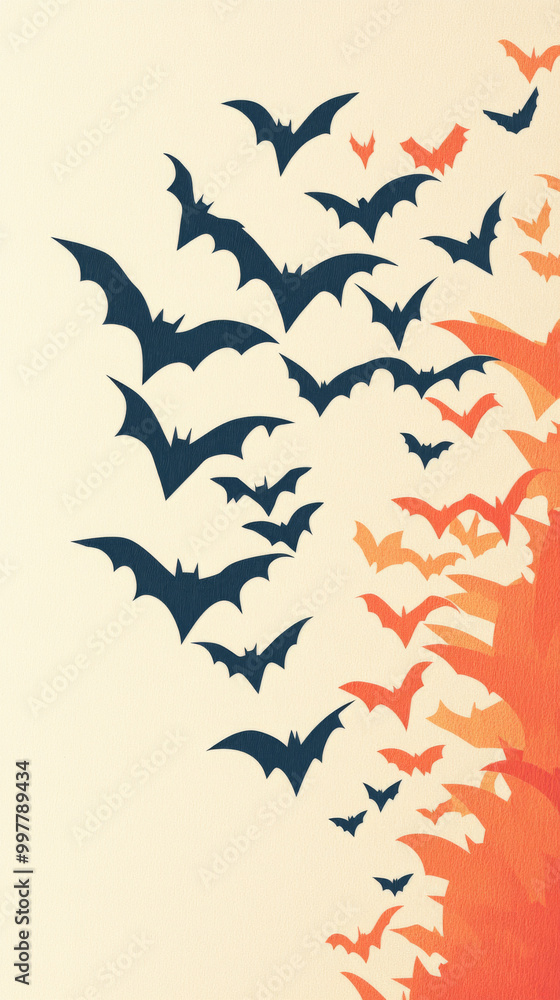 Obraz premium Silhouettes of bats flying in a diagonal line with an orange and red gradient on the right side.