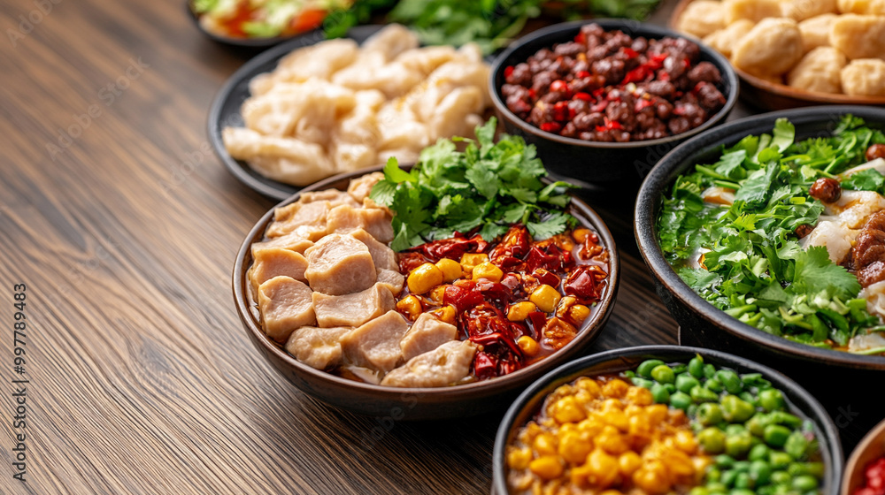 traditional Sichuan hot pot filled with a rich assortment of meats, vegetables, and spices, presented on a rustic wooden table. The bold colors and steam evoke warmth, culture, and culinary heritage traditional Sichuan hot pot filled with a rich assortment of meats, vegetables, and spices, presented on a rustic wooden table. The bold colors and steam evoke warmth, culture, and culinary heritage