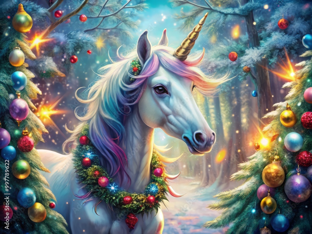 A magical unicorn frolics in a snowy wonderland, adorned with twinkling Christmas decorations, surrounded by delicate A magical unicorn frolics in a snowy wonderland, adorned with twinkling Christmas decorations, surrounded by delicate